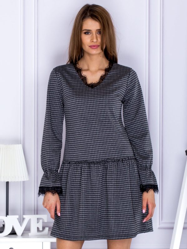 Wholesale Grey houndstooth dress with lace trim neckline