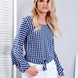 Wholesale Blue checkered blouse with tie at the bottom