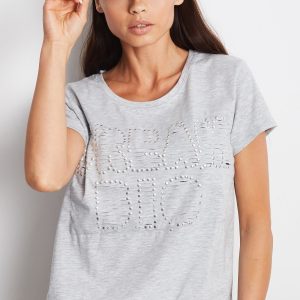 Wholesale Grey T-shirt with cut out inscription