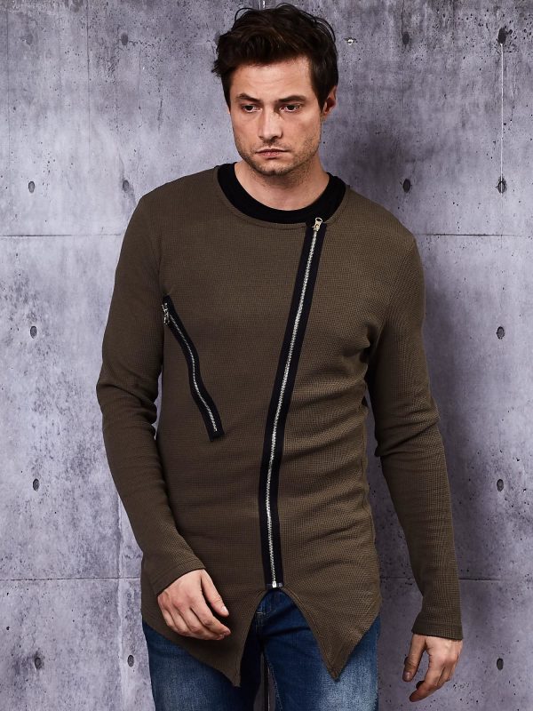 Wholesale Khaki sweatshirt for men with asymmetrical zippers