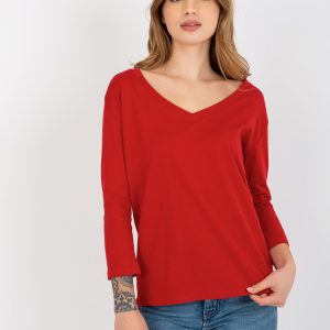 Wholesale Basic red cotton blouse with V neckline