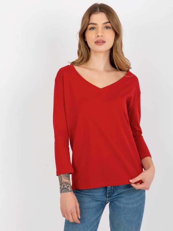 Wholesale Basic red cotton blouse with V neckline