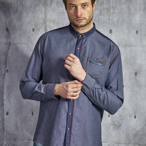 Wholesale Men's cotton shirt with decorative trim navy blue PLUS SIZE