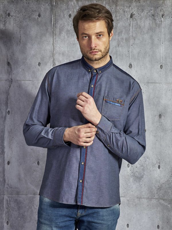 Wholesale Men's cotton shirt with decorative trim navy blue PLUS SIZE