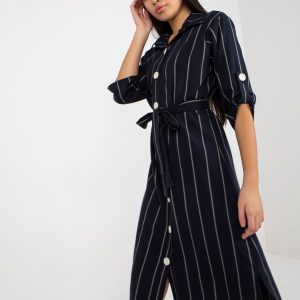 Wholesale Navy Blue Striped Shirt Dress with Tied Strap