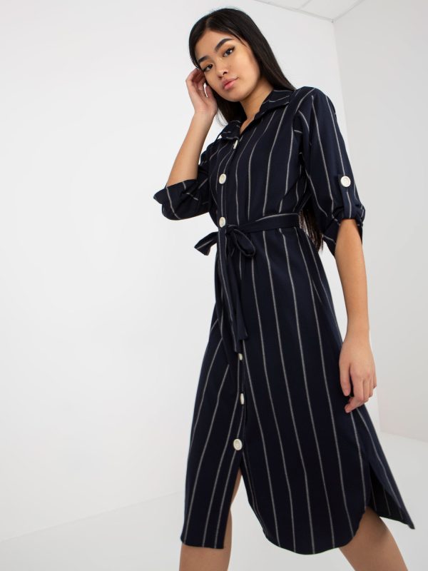 Wholesale Navy Blue Striped Shirt Dress with Tied Strap