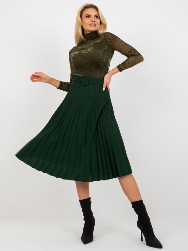 Wholesale Dark green midi pleated skirt with Ennice belt