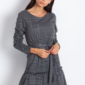 Wholesale Grey houndstooth dress with belt and wide flounce