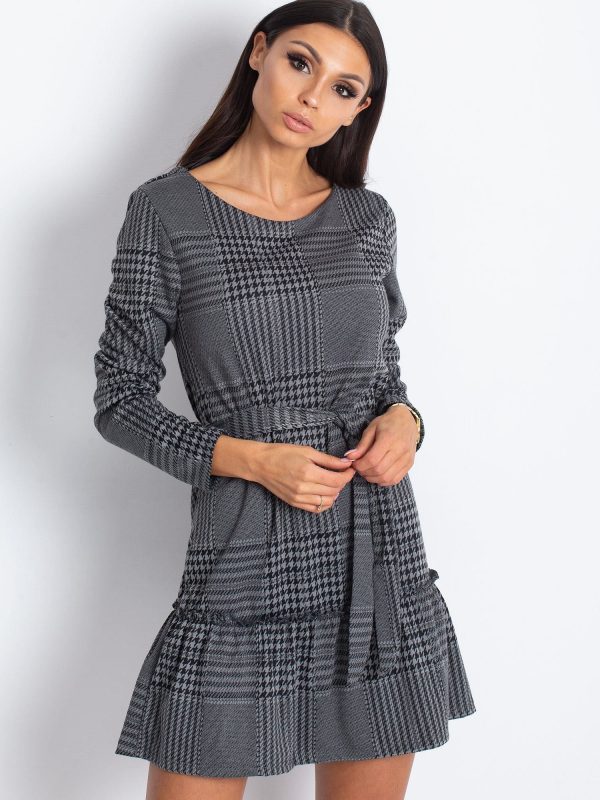 Wholesale Grey houndstooth dress with belt and wide flounce