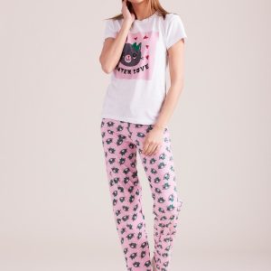 Wholesale White & Pink Two Piece Pyjama Set For Ladies