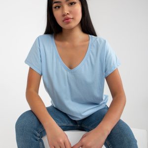 Wholesale Light blue plain T-shirt with V neckline Emory