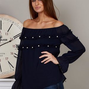 Wholesale Spanish blouse with frills and pearls navy blue