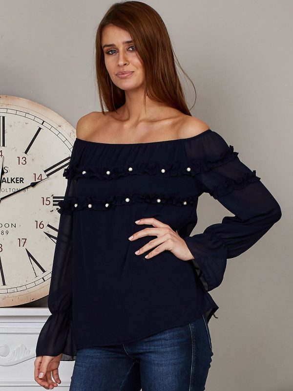 Wholesale Spanish blouse with frills and pearls navy blue