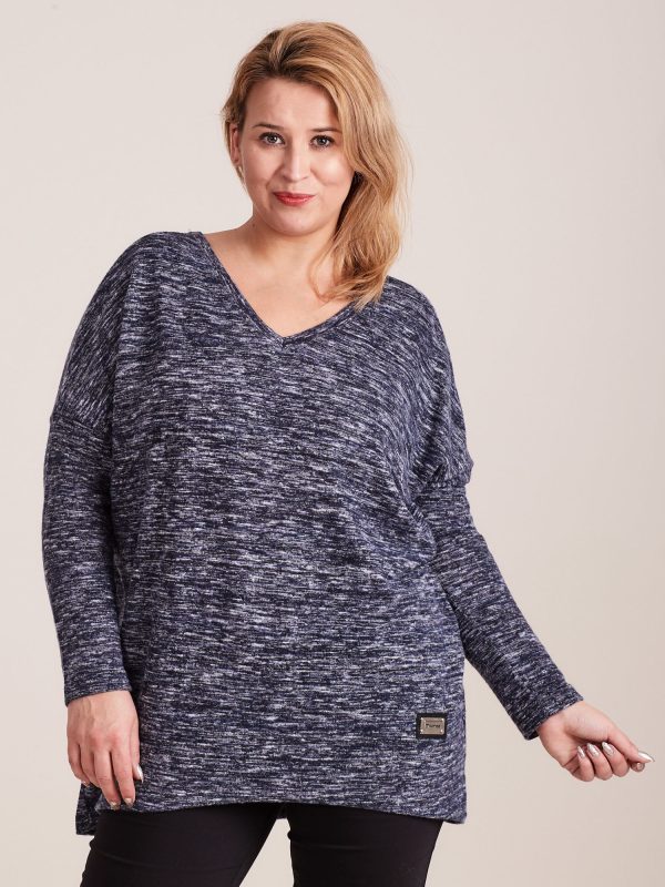 Wholesale Navy blue light V-neck plus size melange sweater