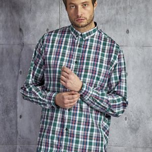 Wholesale Men's Cotton Plaid Shirt White and Green PLUS SIZE