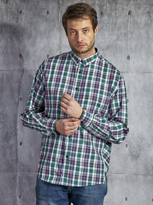 Wholesale Men's Cotton Plaid Shirt White and Green PLUS SIZE