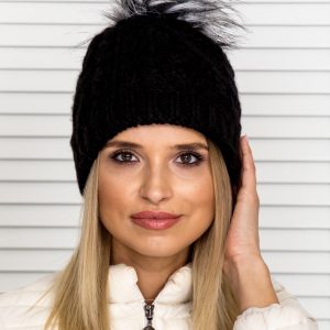 Wholesale Pigtail insulated hat with pompom black