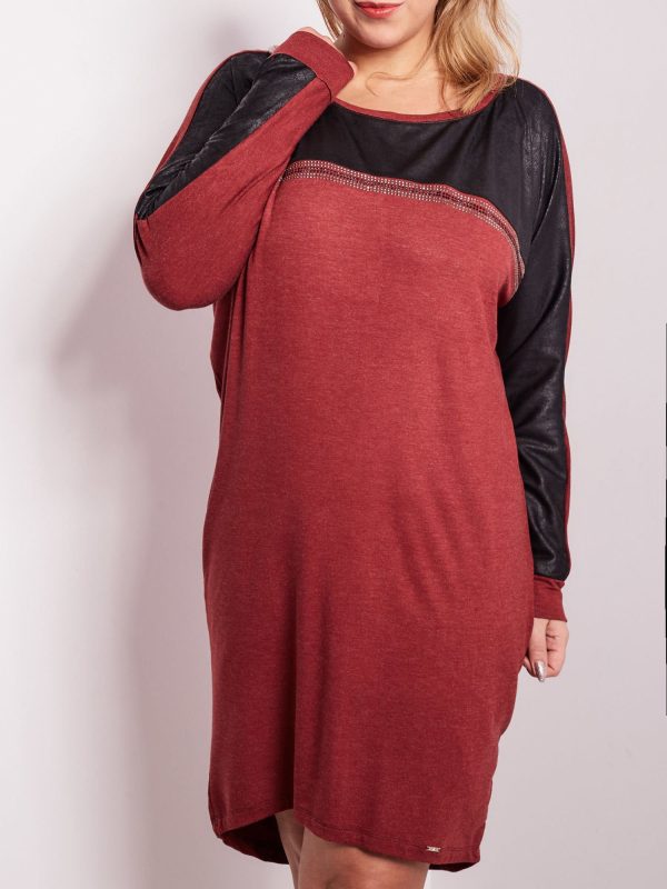 Wholesale Burgundy dress with rhinestones and long sleeves PLUS SIZE