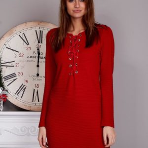 Wholesale Lace up dress with embossed stripes red