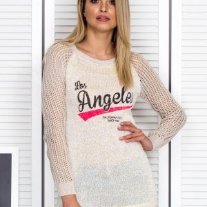 Wholesale Openwork dark beige sweater with inscription