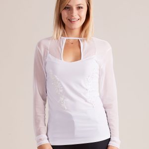 Wholesale Blouse with applique and cutout at the neckline white