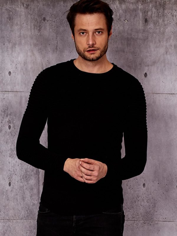 Wholesale Men's black sweater with ribbed modules