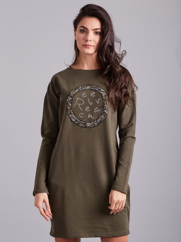 Wholesale Khaki women's dress with appliqué