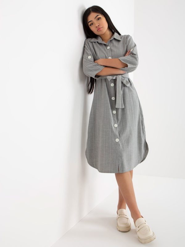 Wholesale Grey Shirt Striped Midi Dress With Large Buttons
