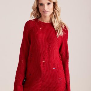 Wholesale Red loose sweater with lacing and wide sleeves