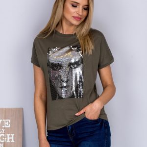 Wholesale T-shirt with glossy khaki face print