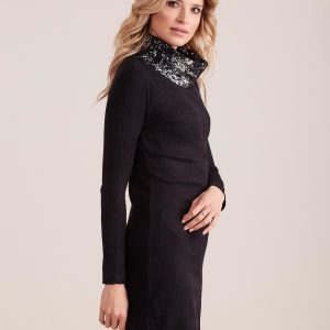 Wholesale Black Tailored Stripe Turtleneck Knitted Dress