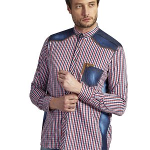 Wholesale Cotton men's plaid shirt navy blue and red PLUS SIZE