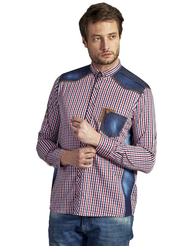 Wholesale Cotton men's plaid shirt navy blue and red PLUS SIZE