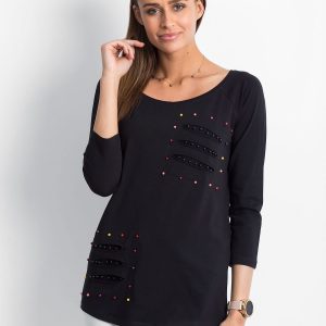 Wholesale Black blouse with colorful pearls and slits