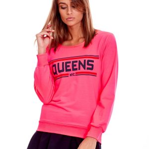 Wholesale Fluo pink lightweight sweatshirt with the inscription QUEENS NYC