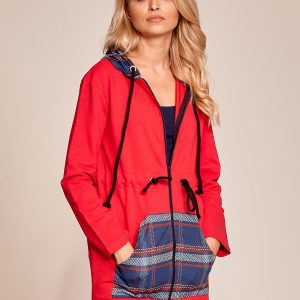 Wholesale Red and navy blue cardigans with hood and ribbing