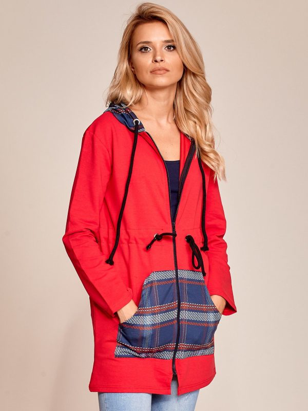 Wholesale Red and navy blue cardigans with hood and ribbing