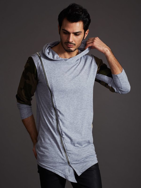 Wholesale Grey sweatshirt for men with asymmetrical zipper and camo inserts