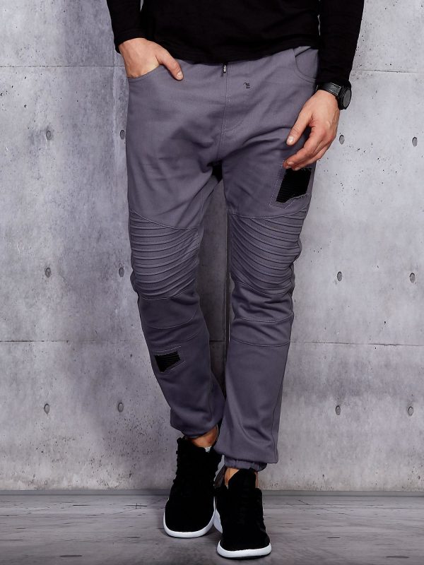 Wholesale Men's grey joggers pants with stitching and patches