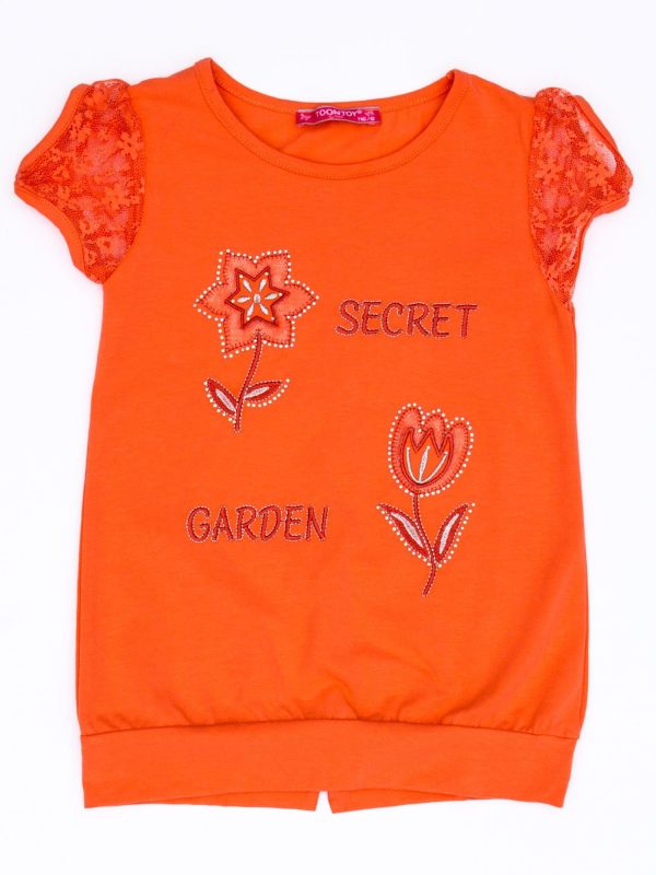 Wholesale Dark orange t-shirt for girl with flowers