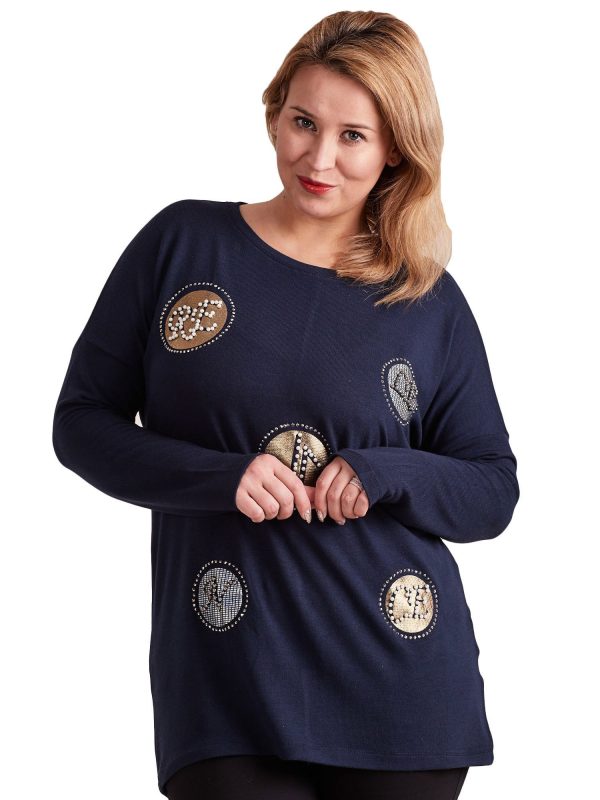 Wholesale Navy blue blouse with appliqué and beads PLUS SIZE