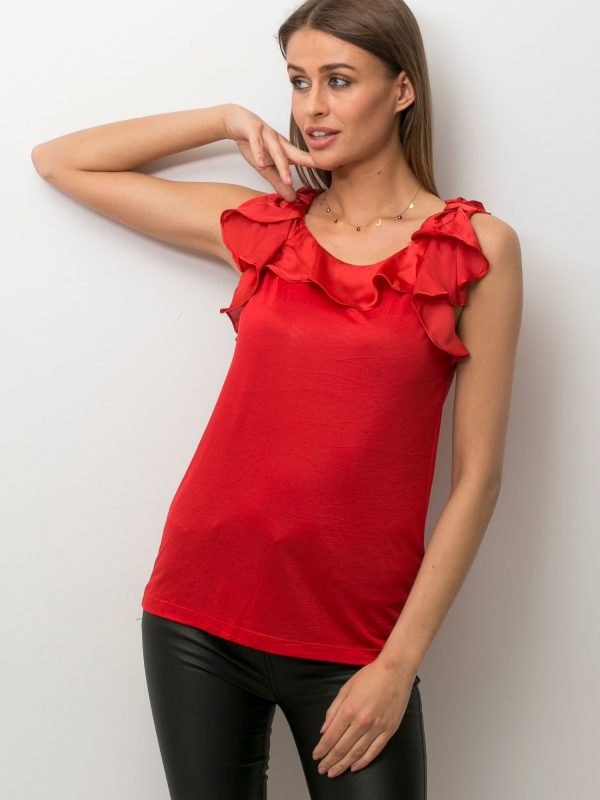 Wholesale Red blouse for women with frills at the neckline