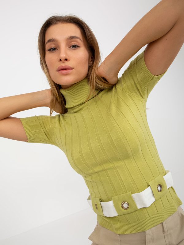 Wholesale Lime Ribbed Turtleneck Short Sleeve Sweater