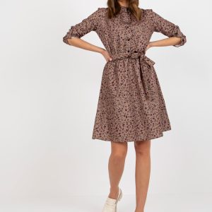 Wholesale Dark Beige Floral Shirt Dress with Meddis Belt