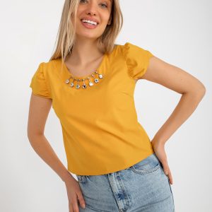 Wholesale Dark yellow short formal blouse with necklace