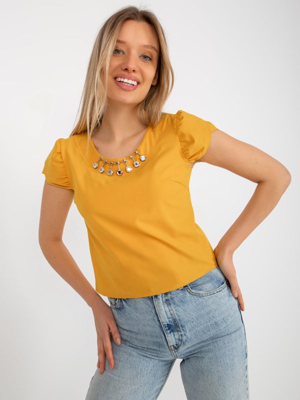 Wholesale Dark yellow short formal blouse with necklace
