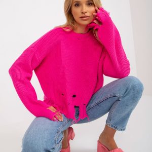 Wholesale Fluo pink loose asymmetrical sweater with holes RUE PARIS