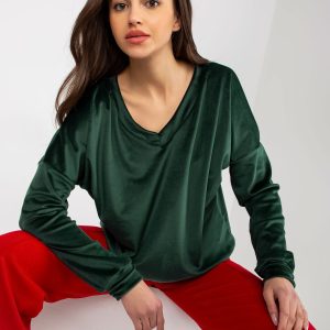 Wholesale Dark Green Velour Hoodless V-Neck Sweatshirt