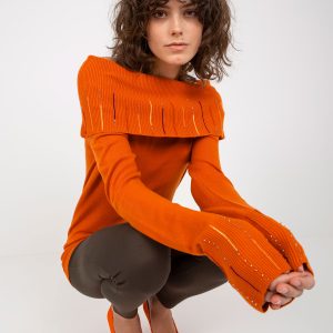 Wholesale Orange sweater with bare shoulders and applique