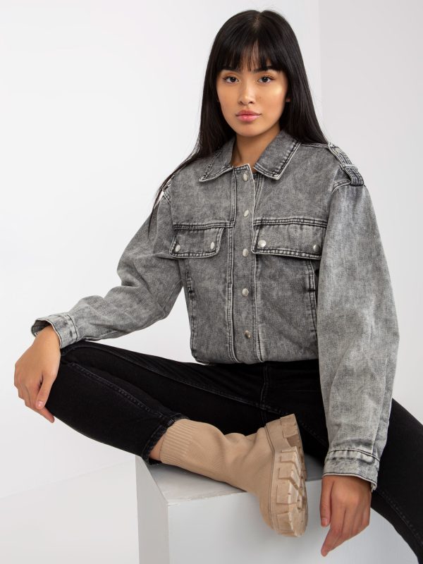 Wholesale Grey Women's Snap Button Jeans Jacket